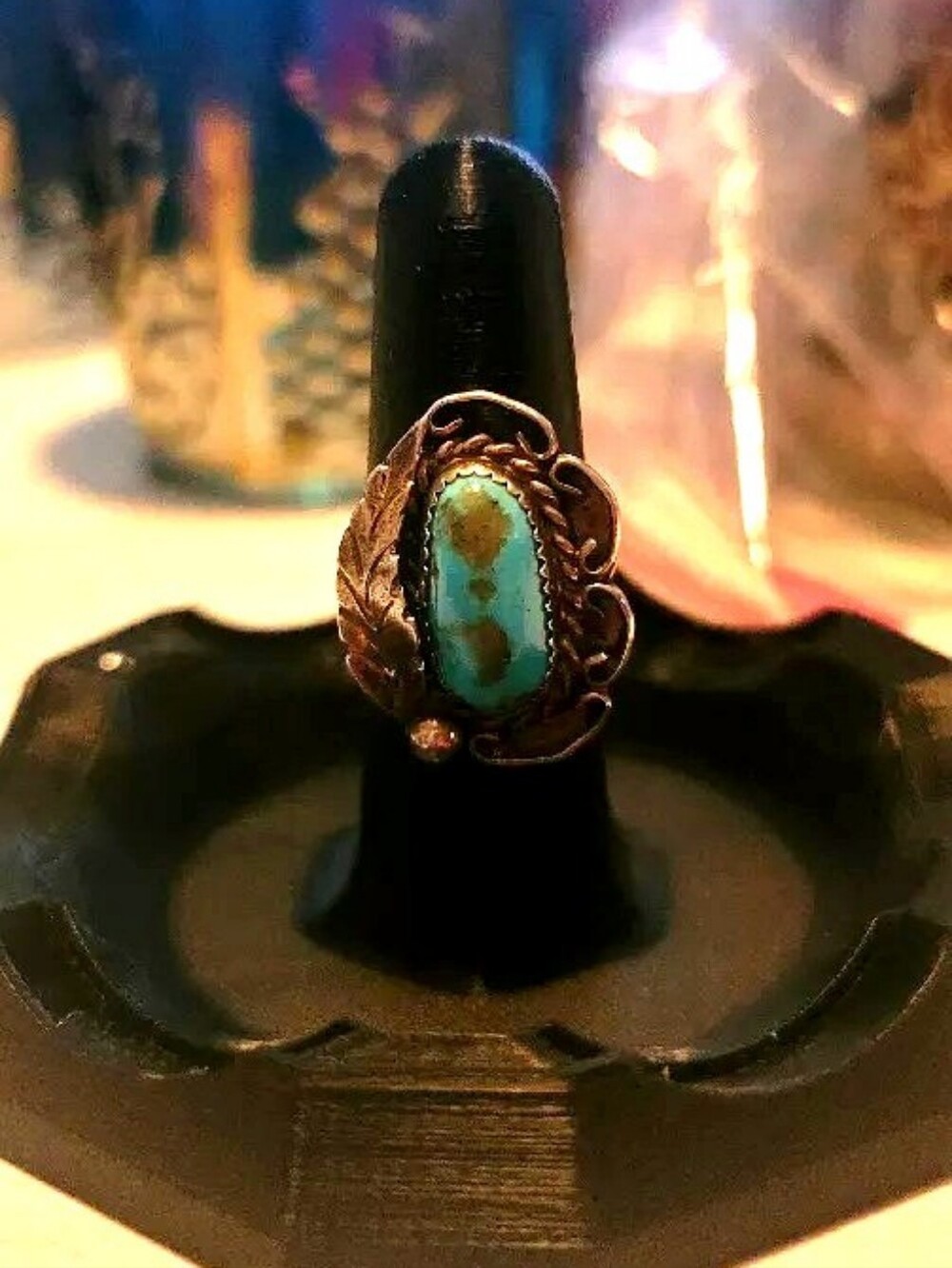 Vintage Sterling Silver Turquoise Ring 925 Acid Tested Leaf Boho Western Sz7 1/2